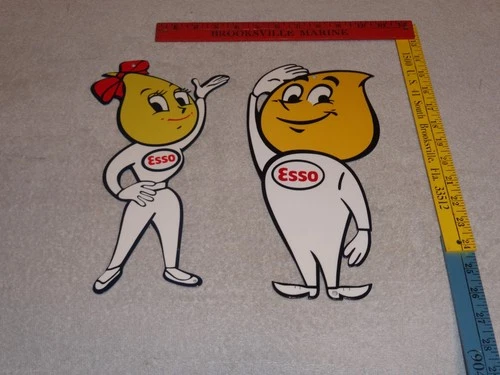 VINTAGE ESSO OIL DROP BOY & GIRL PAIR 12" METAL GASOLINE OIL ADVERTISING SIGN 2!