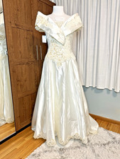 Vintage Alfred Angelo Off Shoulder Satin Wedding Dress Lace Train   Needs Repair