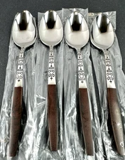 Interpur Wood Handle Vtg Flatware Japan MCM Stainless Steel Teak Wood Teaspoons