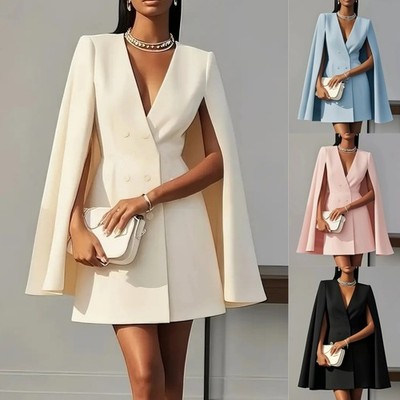 Damen Elegantes Cape Kleid Zweireiher Ärmellos Mini Partykleid