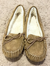 Women  s Brown Suede Moccasin Slippers Faux Fur Lined Bow Slip-On Size 7