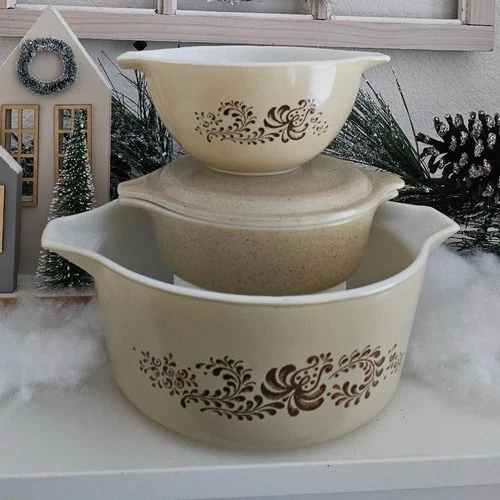 PYREX Vintage homestead Mixing Bowl Set Beige Brown BONUS ITEM