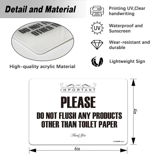 Flush Toilet Paper Only Sign 2 Pack 4" x 6" Acrylic Premium Finish Please Do Not - Picture 2 of 7