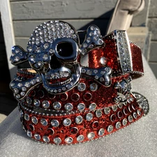 *RARE* Y2K SKULL JEWELS RED PREMIUM RHINESTONE PUNK GOTH STUDDED BB BELT *NEW*