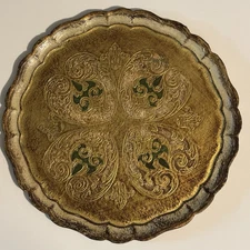 VTG 15.5" Round Scalloped Italian FLORENTINE Tray Gold Leaf/Green/White  READ