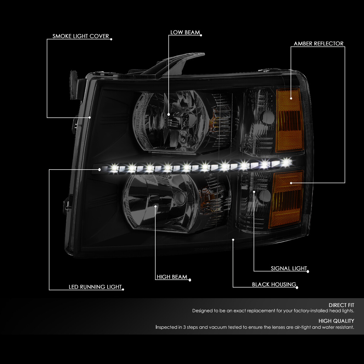 2007-2013 Chevrolet Silverado 1500/ 2007-2014 Silverado 2500HD 3500HD LED Bar Factory Style Headlights w/ Amber Reflector (Matte Black Housing/Clear Lens) - K2 Motor