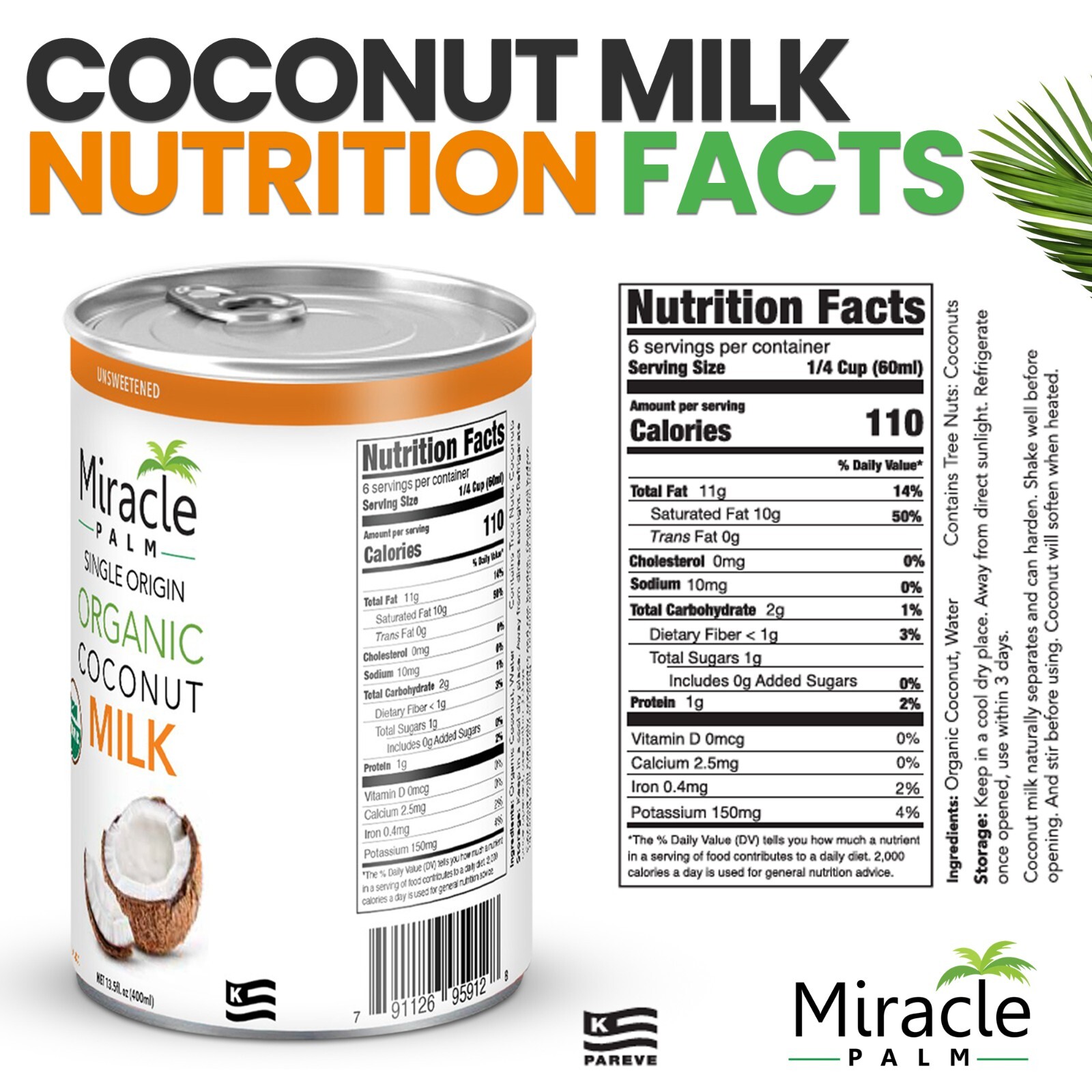 Miracle Palm Organic Coconut Milk Unsweetened - Canned Additive Free Pack of 6