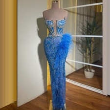 Sparkly Beaded Crystals Party Gowns Feathers Long Mermaid Wedding Evening Dress