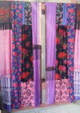 2 Pcs Indian Sari Patchwork Curtain Drape Window Decor Multi Silk Sari Curtain