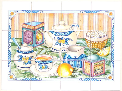 Tea Pot Sugar and Lemon Ceramic Tile Mural with Blue and Yellow 12 Pieces 17x13
