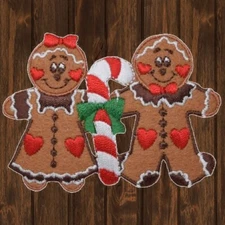 Gingerbread Couple with Candy Cane - Christmas Embroidered Patch — Iron On
