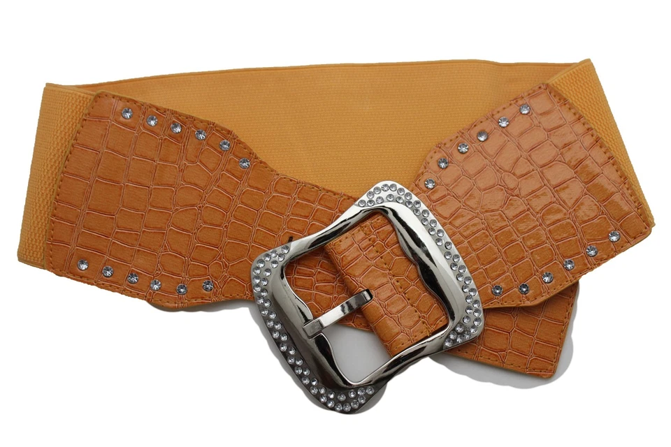 Mujeres Moda Imitación Cuero Naranja Cinturón Ancho Plateado Metal Hebilla Cadera Cintura S M Foto 3 de 4