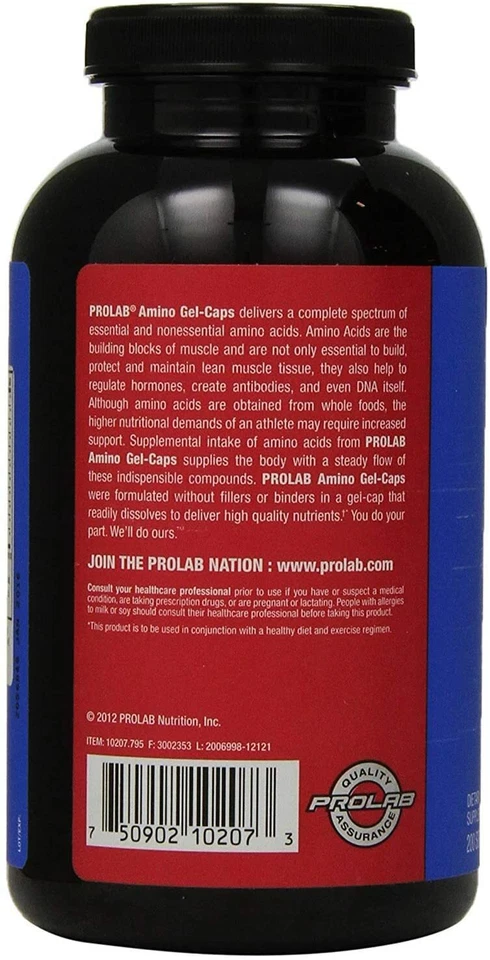 Prolab AMINO Gel-Caps | Crecimiento, recuperación, fuerza, construcción muscular | 200 cápsulas blandas Foto 3 de 3