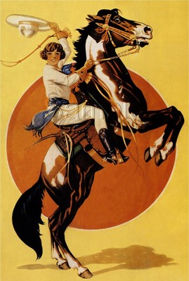EQUESTRIAN COWGIRL REARING HORSE BACK RIDING MOON VINTAGE CANVAS ART PRINT 