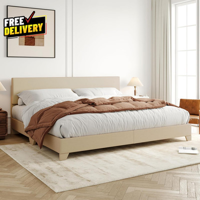 King Size Bed Frame with Adjustable Headboard, Upholstered Platform Bed with Woo