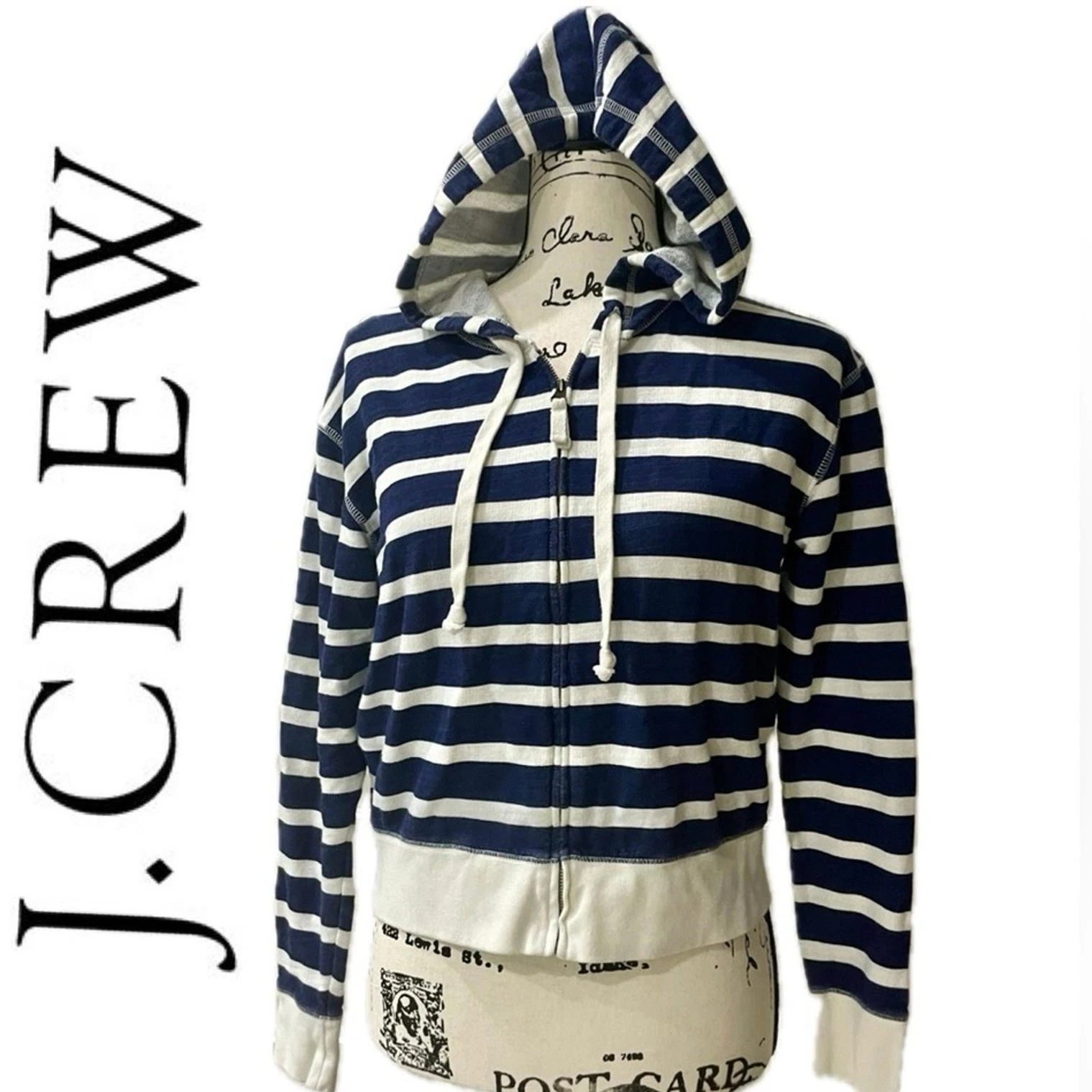 J.CREW CROP SWEATSHIRT HOODED ZIPPED BLUE/WHITE SZ XS SAILOR NAUTICAL CORE