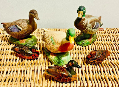 Vintage 6er Set handbemalte Stockenten Figuren 4,5 cm - 12 cm Landhaus Deko