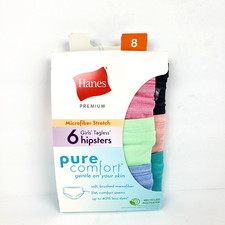 Hanes Premium Pure Comfort Girls Size 8 Cotton Tagless Hipsters Underwear 6 Pk