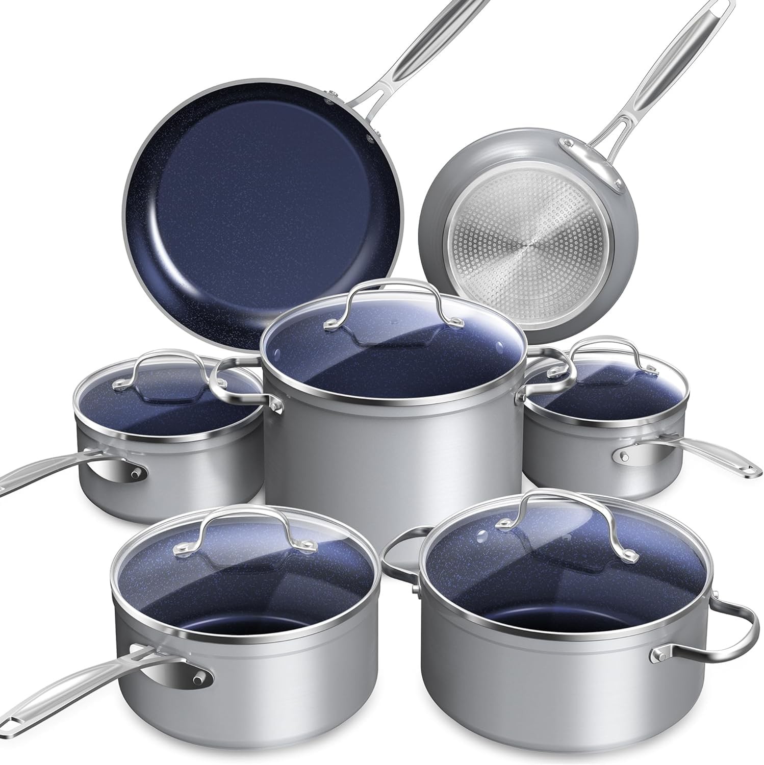 Duralon Blue Ceramic Nonstick Cookware Set with Diamond Infused Scratch Resistant Coating for Healthy Cooking