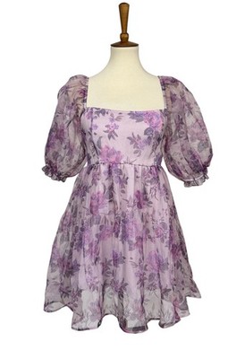 Audrey Parks Francesca's Floral Puff Sleeve  Purple Babydoll Dress Sz Medium