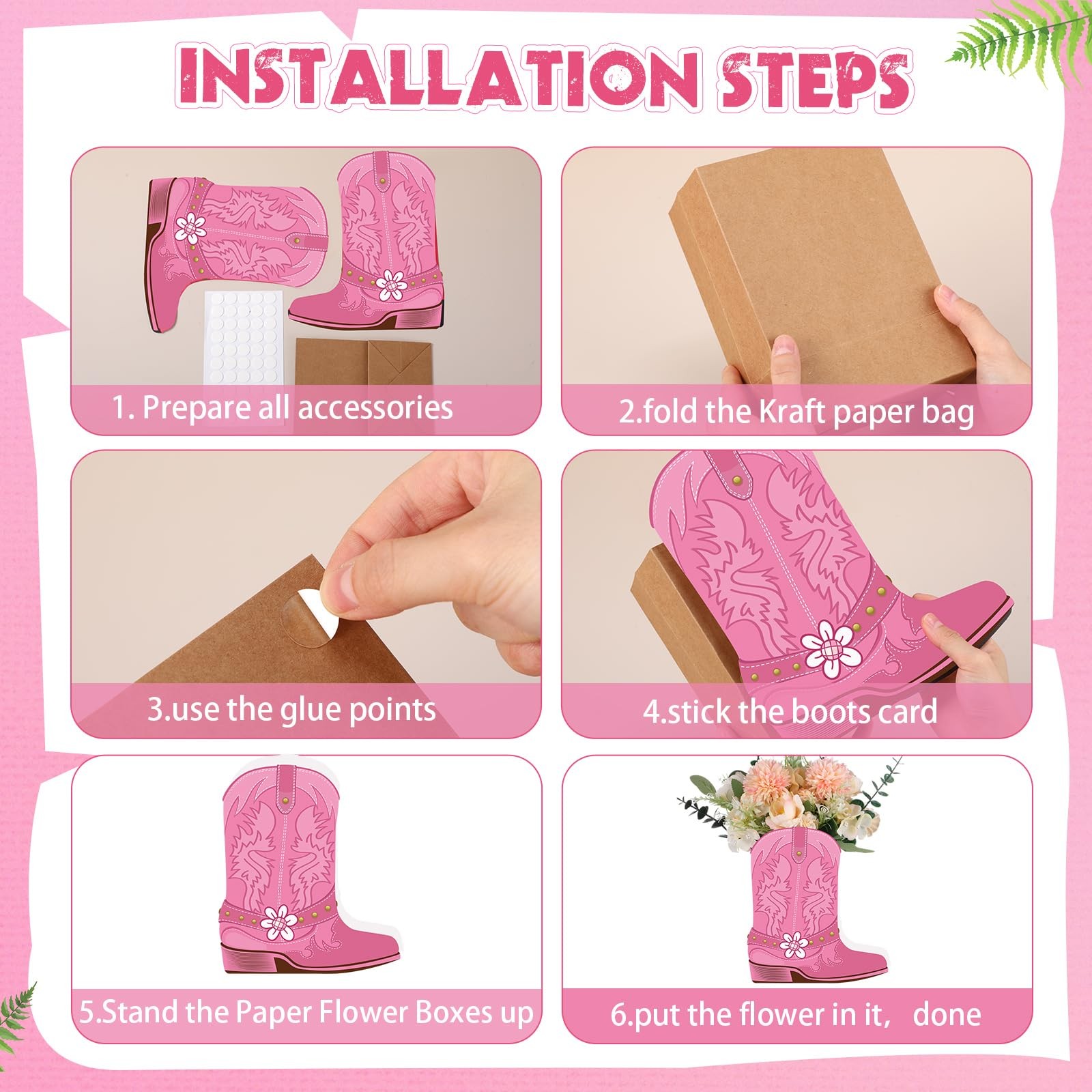 8 Set Pink Western Cowgirl Boots Flower Boxes Centerpiece Boot Shape Boxes De...