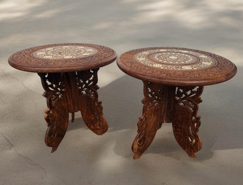 Set Of 2 - 15” Vintage Carved Wood Small Folding Wooden Table Inlaid Boho India