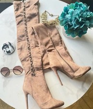 Vintage Camel Suede High Heel Over the Knee Boots Lace Up Back Side Zip 9