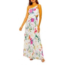 Betsy & Adam Floral One Shoulder Cutout Pleated Maxi Dress A25713 White Multi 2