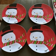 4 Vintage Snowmen Melamine Dinner Plates 2010