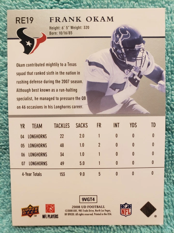 2008 UPPER DECK FRANK OKAM STAR ROOKIES #RE19 HOUSTON TEXANS EXCLUSIVES RC - Image 4 of 4