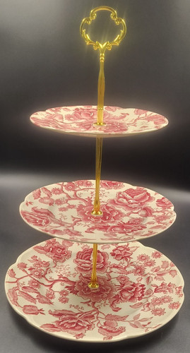 14" 3 Tier Serving Tray w/ Antique English Chippendale Plates (6/8/10") 5" gap