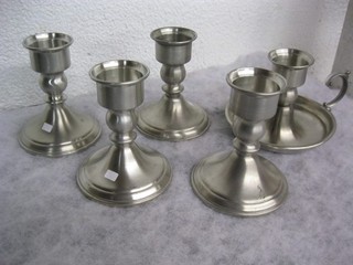 5 candle sticks holders 4 Web pewter weighted match & 1 w loop handle
