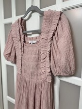 English Factory Pink Smocked Midi Dress XS Quiet Luxury Puff Sleeve Boho Cottage