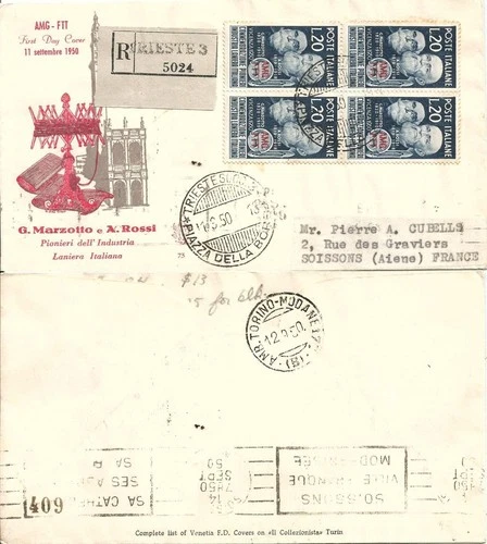 Envelope FDC Venetia Trieste Lanieri 1950.  Recommended foreign quartz