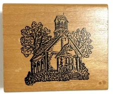 Church Building Steeple Trees Rubber Stamp Wood Mount Hampton Art 2x2.5"