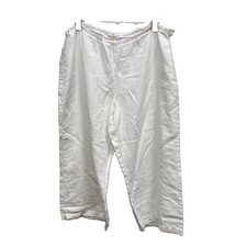 Eileen Fisher Linen Pant Easy Fit Ankle Length L Zip Button White Elastic Waist