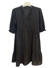 Free People Solid Black V Neck Ruffle Dress With Banded Collar