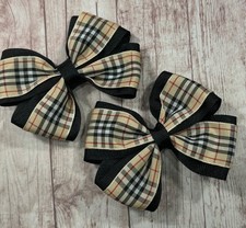 Plaid Tan Black Hair Bow, Pigtail HairBow, Tan black tartan hair Bow, tartan