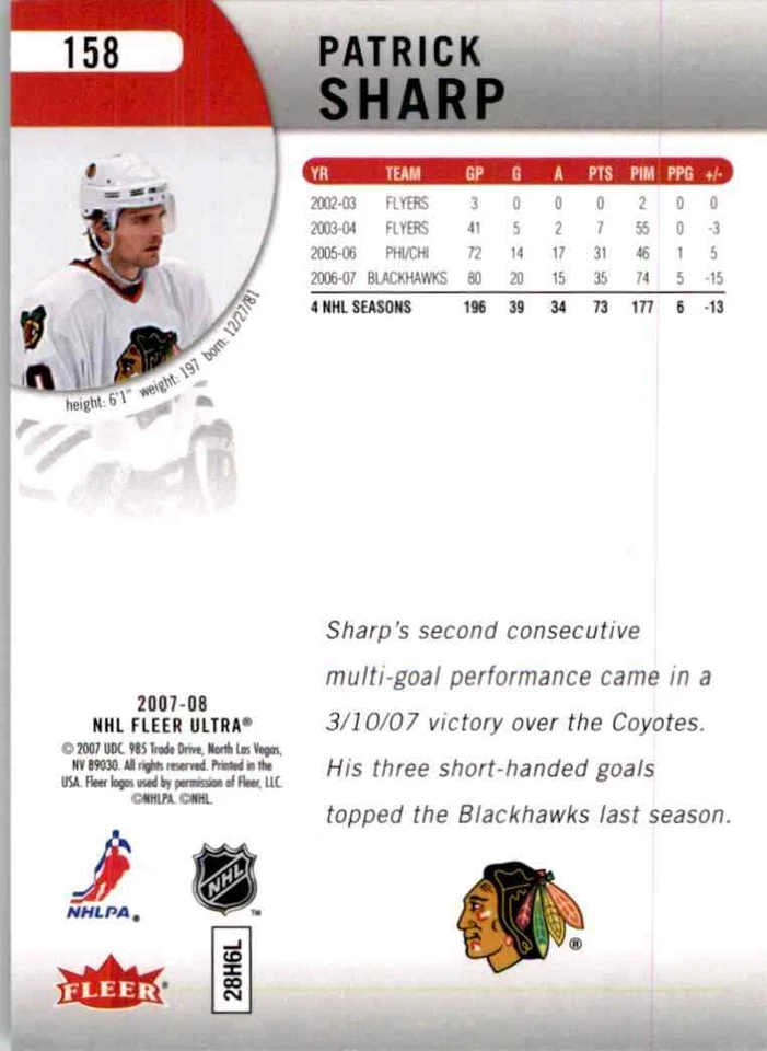 2007-08 Fleer Ultra Patrick Sharp #158 - Image 2 of 2