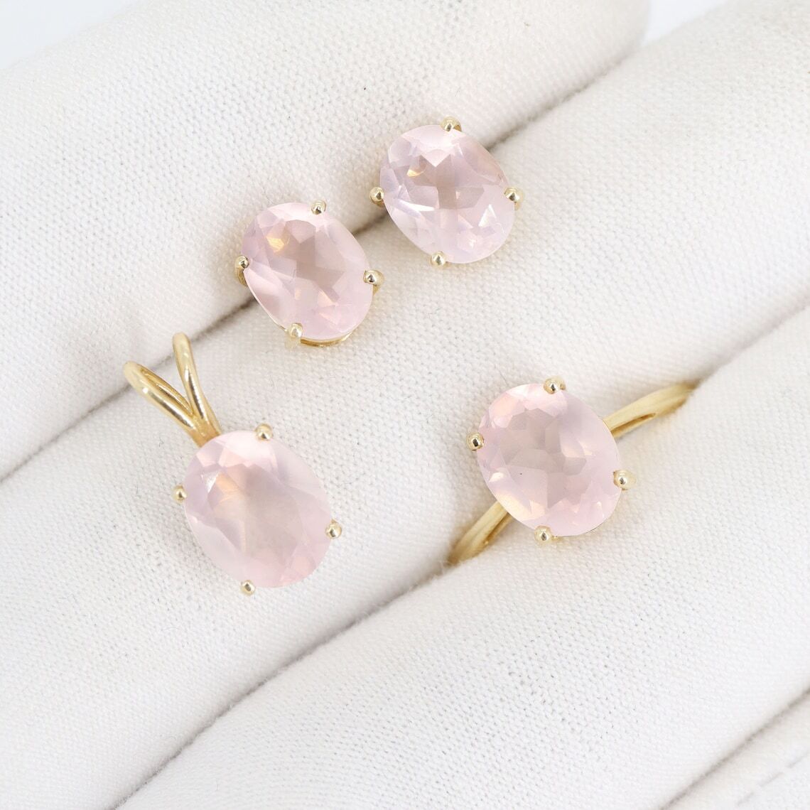 Natural Rose Quartz Gold-Plated Silver Ring & Stud Earrings Set  