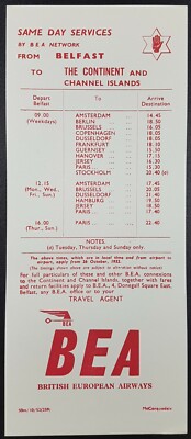 Vintage BEA Fahrplan, 26.10.1952, Dienste am selben Tag, Belfast auf den Kontinent