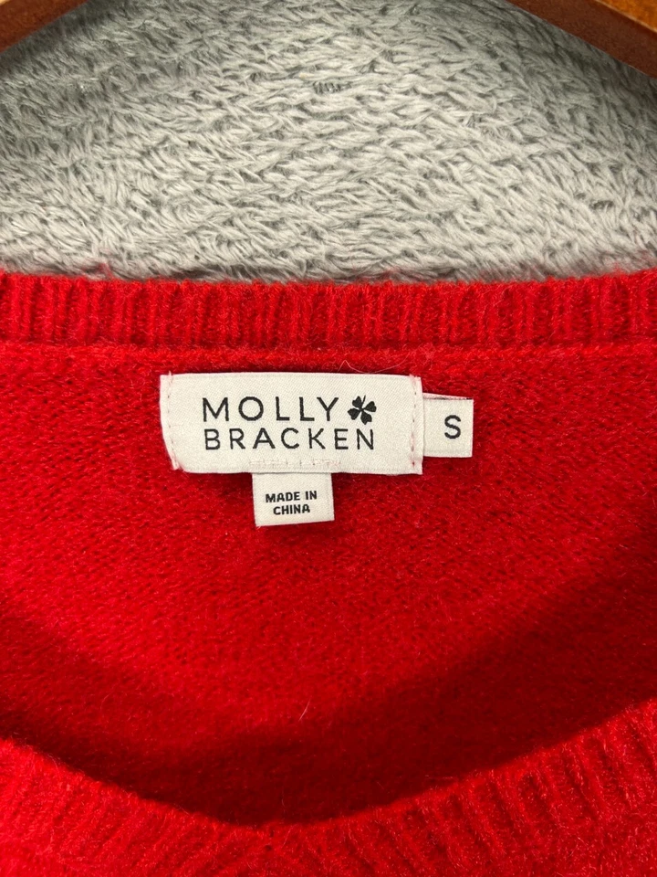 MOLLY BRACKEN Sweater Womens Small Red Sweater V Neck Princess Puff Long Sleeve - Image 3 of 4