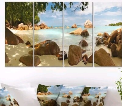 Designart Tropical Rocky Beach Panorama Canvas Art Lanscape, 48x28 4 Piece Panel