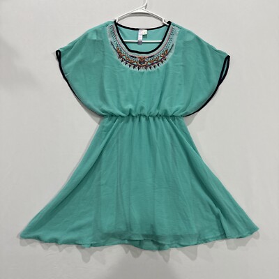 Alya Women's Teal Beaded Round Neck Cap Sleeve Fit & Flare Dress Size Small  | eBay
