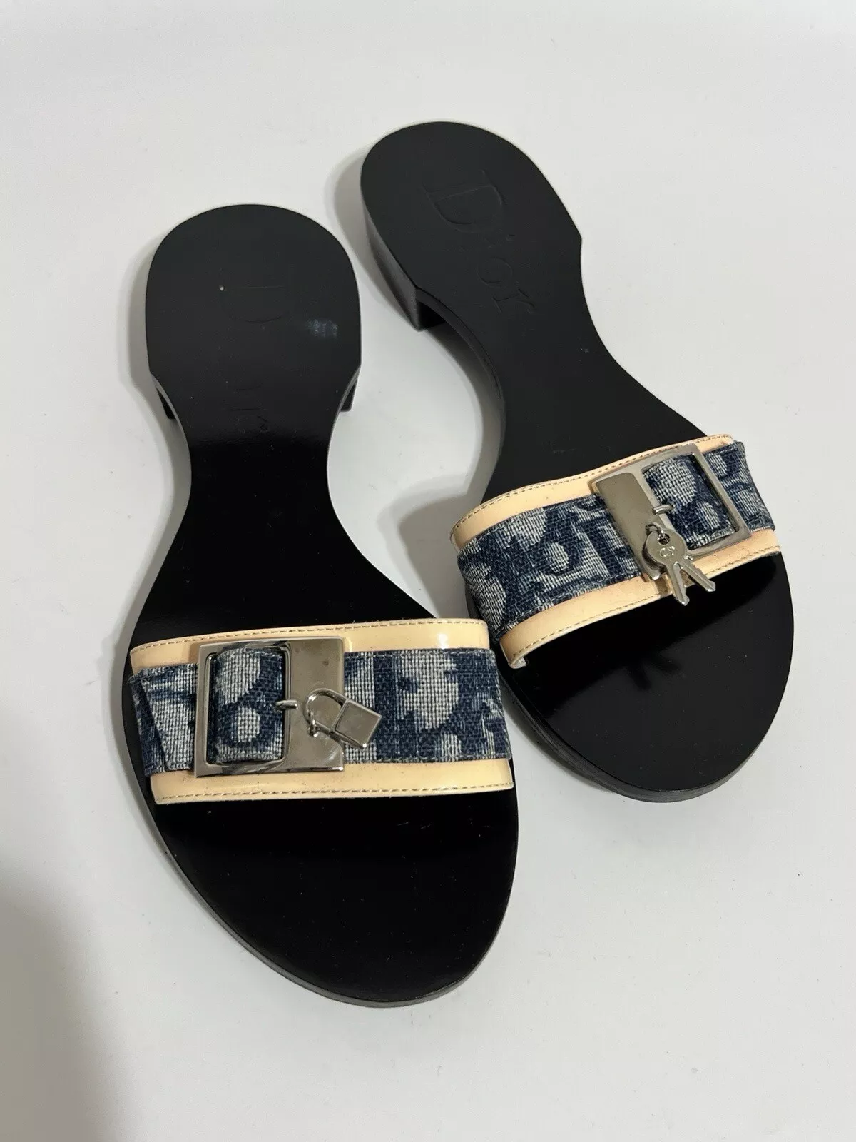 Sandales cadenas vintage Christian Dior par John Galliano bleu monogramme 36