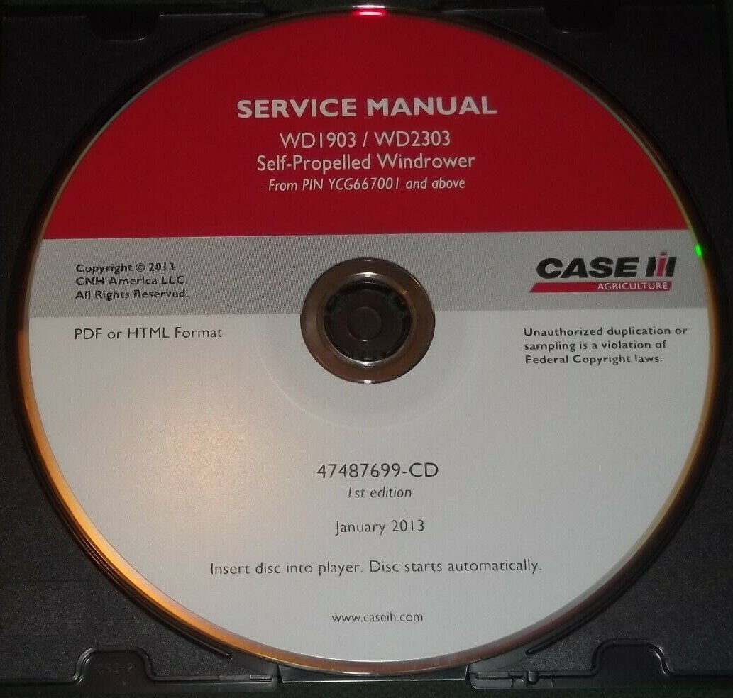 CASE WD1903 WD2303 SERIES WINDROWER SERVICE SHOP REPAIR BOOK MANUAL CD ...