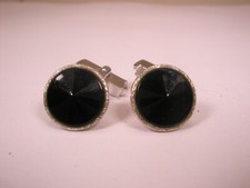 9/16" Round Black Stone Cabochon  Silver Tone Vintage SWANK SMALL Cuff Links