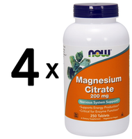 4 X NOW Foods Magnesium Citrate, 200Mg - 250 Tablets (129,99 Eur/Kg)