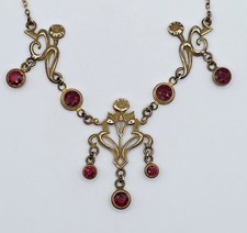 Antique Art Nouveau Gold Filled Red Glass Necklace Festoon Edwardian Floral