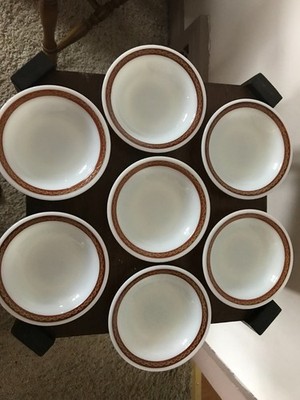 7 VINTAGE PYREX TABLEWARE BRONZE SCROLL SAUCE BOWLS CORNING USA